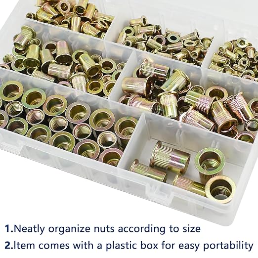 300pcs Metric Rivet Nut Assortment Kit，M3 M4 M5 M6 M8 M10 M12 Flat Head Rivnut Set, Metric Carbon Steel UNC Nutserts Rivnut, Zinc Plated, Flat Head Insert Nut Assort