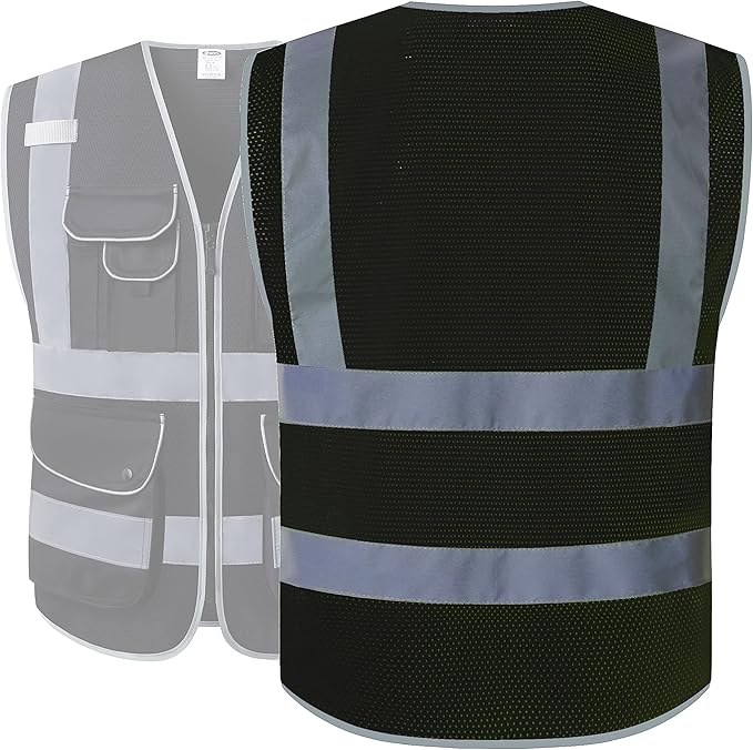 JKSafety 9 Pockets High Visibility Safety Vest for Men and Women, Hi-Vis Reflective Black Safety Vests with Zipper Front, Meet ANSI/ISEA Standards(159-Black M)