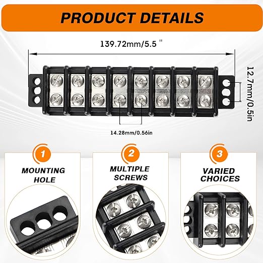 Terminal Blocks Double Row Stainless Steel 10-22 AWG Copper 600V/30A Rated 2-14 Poles Neat Circuit Solution 1 Pack TBD (8 Poles)