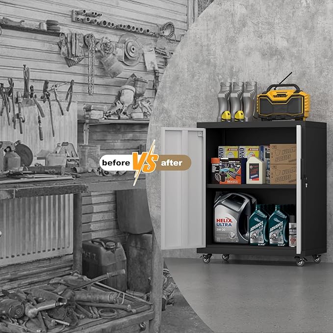 Metal Garage Storage Cabinet with Wheels,31.89" H Steel Lockable Cabinet with 2 Doors and 1 Adjustable Shelf, Small Rolling Cabinets for Home Office, Garage, BlackGrey