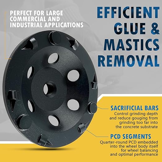 EDiamondTools 5" PCD Grinding Wheel, 6 PCD Segments w/Sacrificial Bars, 5/8"-11 Threaded Arbor, Diamond Material, Compatible with Angle Grinders