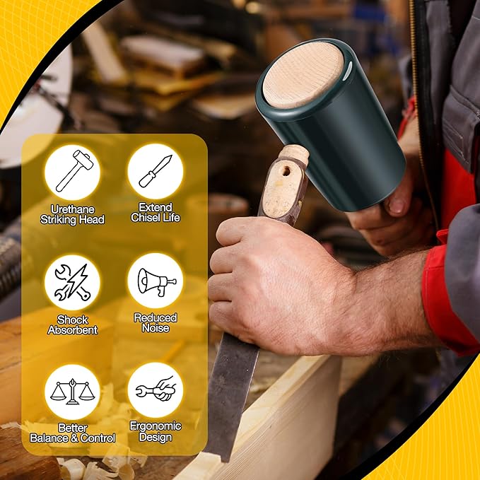 Precision 15oz Wood Carving Mallet for Woodworking, Ergonomic Wooden Handle Reduces Hand Fatigue, Non Marring Urethane Head Protects Wood Carving Chisels, Wooden Mallet