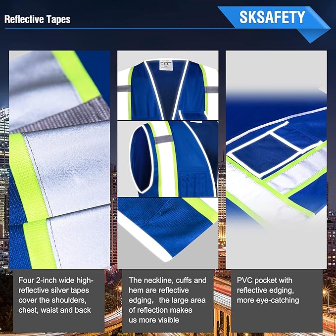 SKSAFETY 10 Pockets Safety Vest, Class 2 High Visibility Security with Zipper, Hi Vis Vest with Reflective Strips, ANSI/ISEA Standard, Construction Work Vest for Men ＆ Women （Blue, 3XL）