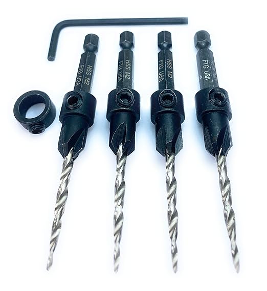 FTG USA Countersink Drill Bit Set 4 Pc #6 (9/64") Wood Bit, Tapered Bit, Stop Collar, Hex Wrench for Woodworking