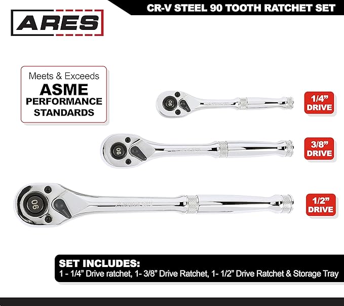 ARES 42048-3-Piece 90 Tooth Ratchet Set - Premium Chrome Vanadium Steel Construction & Mirror Polish Finish - Quick Release for Easy Socket Change - 90-Tooth Reversible Design with 4 Degree Swing