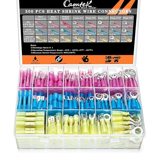 300PCS Heat Shrink Wire Connectors, 22-10 AWG Waterproof Electrical Wire Terminals Kit, Marine Grade Heat Shrink Butt Connectors Insulated Ring Fork Spade Butt Splices for Automotive Boat Truck