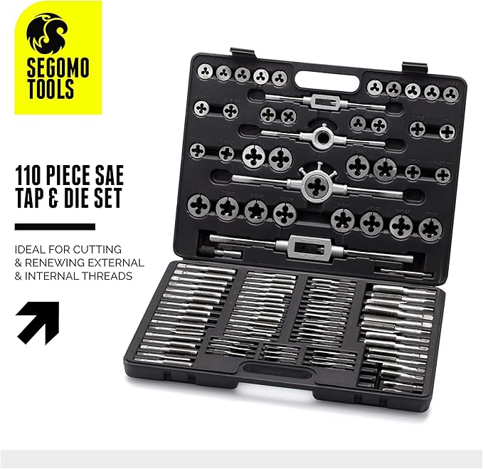Segomo Tools 110 Piece Hardened Alloy Steel SAE Tap And Die Threaded Set With Case - TD110SAE
