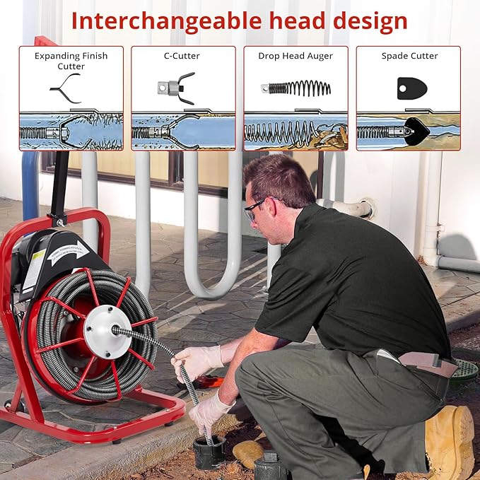 50Ft 3/8 Inch Electric Drain Cleaner Machine Auto Feed Drain Auger for 1 to 4 Inch Pipes Professional Sewer Snake with 4 Cutters Gloves Heavy Duty Clog Remover