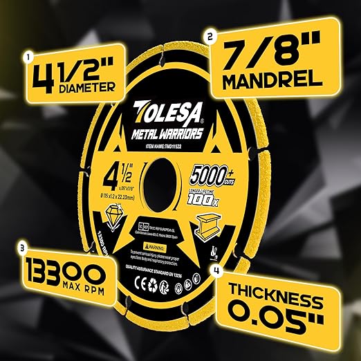 TOLESA Diamond Cutting Wheel 4 1/2 x 7/8 Inch for Metal, Cut Off Wheel with 5000+ Cuts on Rebar, Steel, Iron and INOX, 1 Pack
