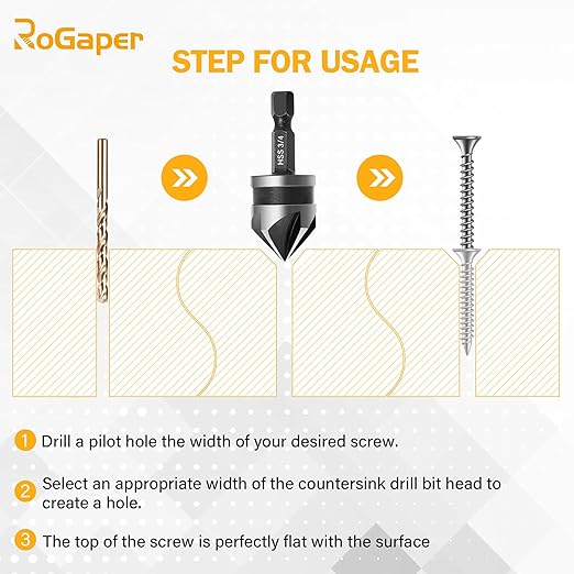 5 Pcs Countersink Drill Bit Set, 82 Degree 5 Flute High-Speed Steel Countersink Drill Bit with 1/4” Hex Shank, 1/4" to 3/4" Size for Machinable Metals, Wood, Carbon Steel, in Aluminum Case