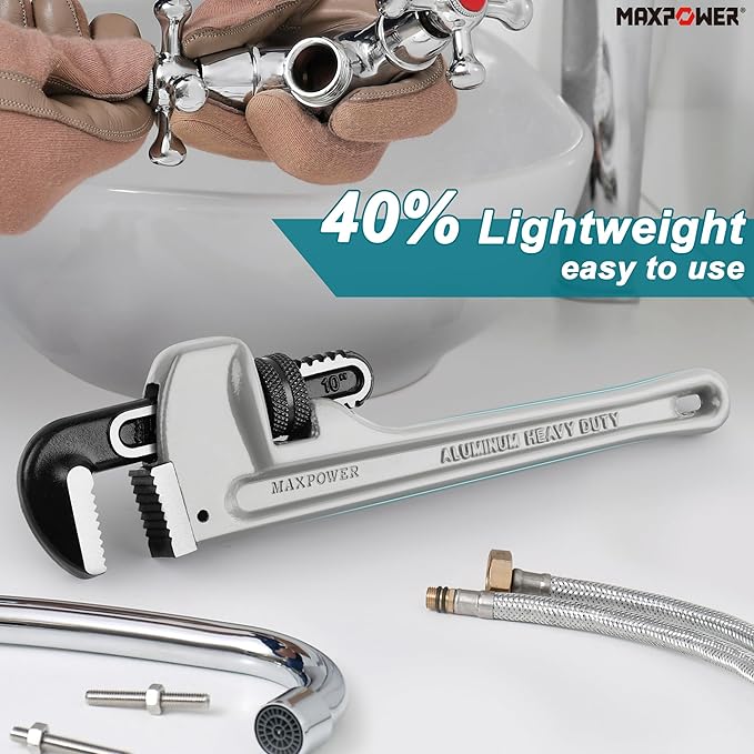 MAXPOWER Pipe Wrench 10-Inch, 40% Lighter Aluminum Adjustable Plumbing Wrench
