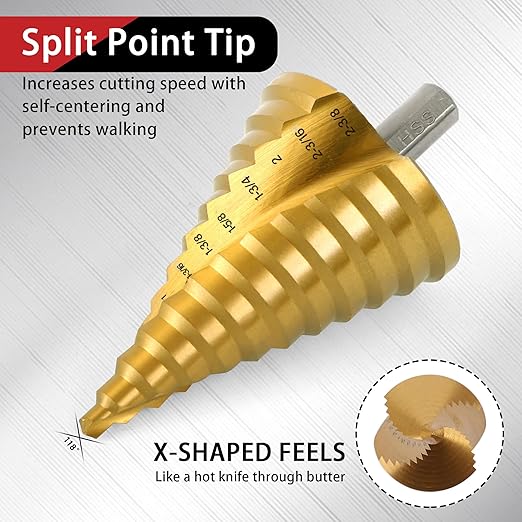 HSS Spiral Groove Step Drill Bit, 12 Steps High-Speed Steel 1/4" to 2-3/8" Drill Bit for Stainless Steel, Aluminum, Plastic, and Wood, Large Multiple Hole Stepped Bit