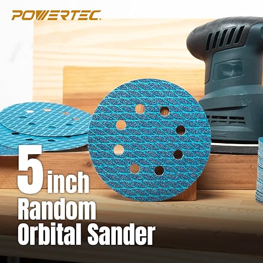 POWERTEC 5 Inch 8-Hole Hook and Loop Diamond Shaped Sanding Discs, 50PK, 120 Grit for Random Orbital Sanders – J-Weight Cloth Backing for Long Life, Anti-Clog Sandpaper (44912)