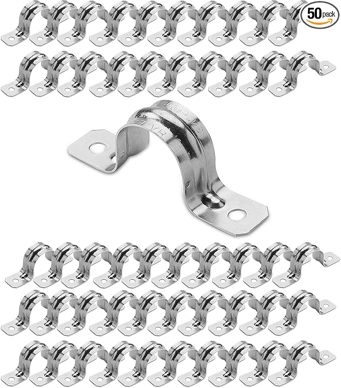 OHLECTRIC Heavy Duty Pipe Strap (50 Pack - ¾ Inch) Zinc Plated Steel Conduit Clamps, 2 Hole Steel EMT Pipe Strap U Bracket, Zinc Coated Tension Tube Clip, Metal Pipe Clamp for EMT Conduits