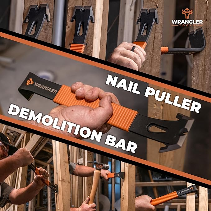 15" Flat Bar Pry Bar - Heavy Duty Crowbar with Nail Puller - High Carbon Steel with Soft Shock Absorbing Grip & Wide Winged Ends - Demolition Tools for Home Improvement & Construction