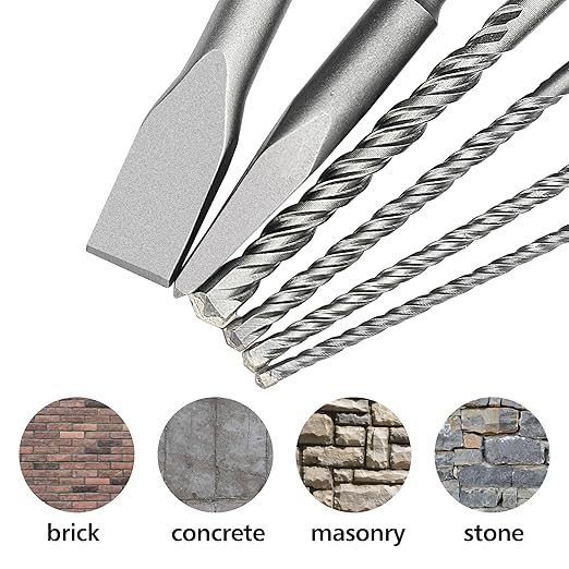 6Pcs SDS Plus Rotary Hammer Drill Bit Set,Concrete Drill Bit Kit with Point Chisel,Flat Chisel,Cross Type Double Thread Carbide Material for Concrete,Stone,Brick,5/32 3/16 1/4 3/8"