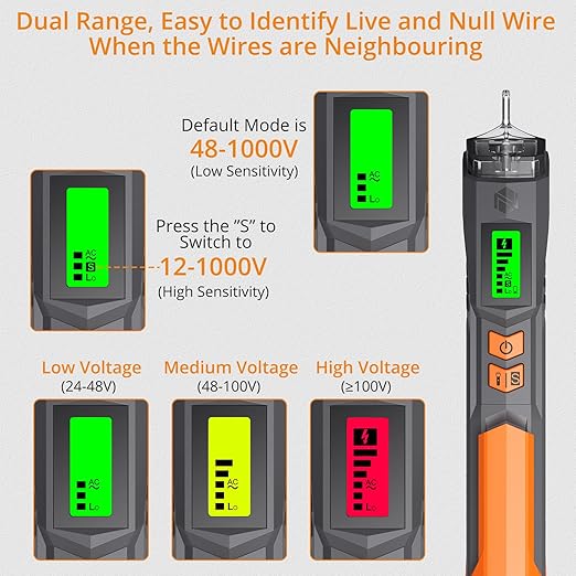 Neoteck Voltage Tester/Non Contact Voltage Tester 12-1000V/48-1000V Adjustable Sensitivity AC Voltage Detector Tester Pen Live/Null Wire Tester with LCD Display Buzzer Alarm Wire Breakpoint Finder