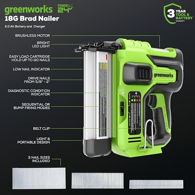 Greenworks 24V 18 Gauge Brushless Brad Nailer Gun, Cordless Finish Nailer, Staple Gun Cordless with 2Ah Battery and 2A Charger