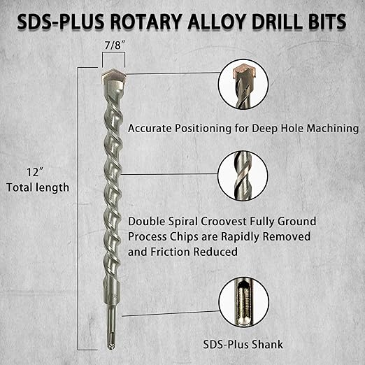 Direko 5-Piece 7/8 inch x 12 Inch SDS Plus Rotary Hammer Drill Bits Carbide Tipped Concert Drill Bits for Concrete, Brick, Cement Walls, Stone, Hammer Drill Bits for Concrete