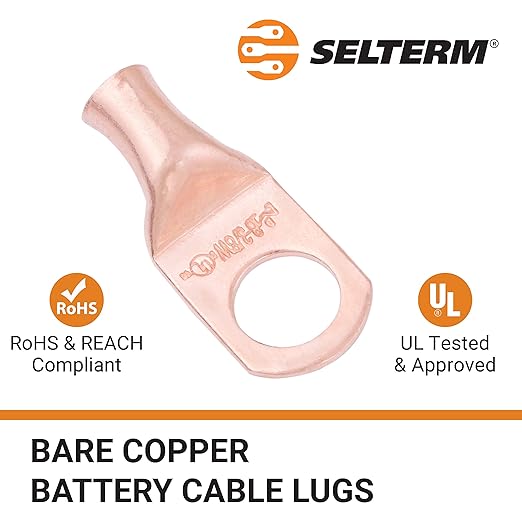 SELTERM 25pcs 8 AWG 3/8" Stud Battery Lugs, Ring Terminals, Heavy Duty Copper Wire Lugs, Battery Cable Ends, 8 Gauge Ring Terminal Connectors, UL Bare Copper Eyelets Electrical Battery Cable Lugs