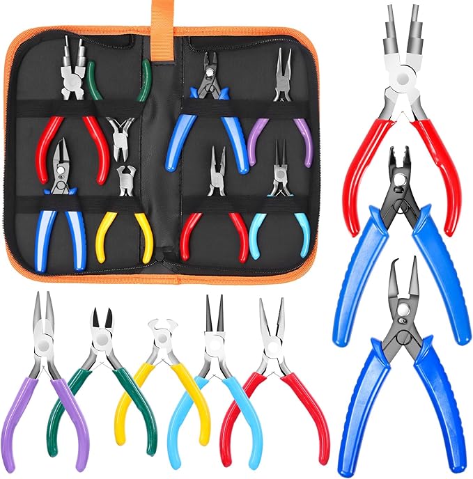 Jewelry Pliers Set - 9 Pcs, Long Nose, Round Nose, Diagonal Wire Cutter, End Cutting, Bail Making, Bead Crimping, Split Ring Plier