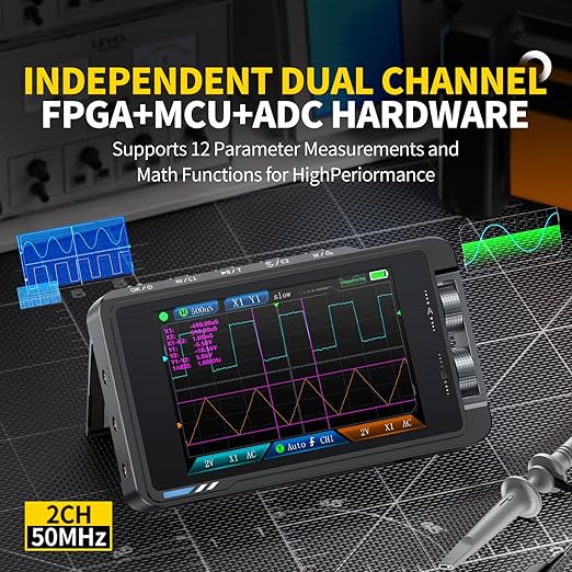 FNIRSI DS215H 2-in-1 Handheld Oscilloscope 50MHz, 2 Channel Digital Portable Oscilloscope DDS Signal Generator, 250MS/s Sampling, 1Kpts Record Length, 3.5-inch IPS Screen, Waveform Storage and Export