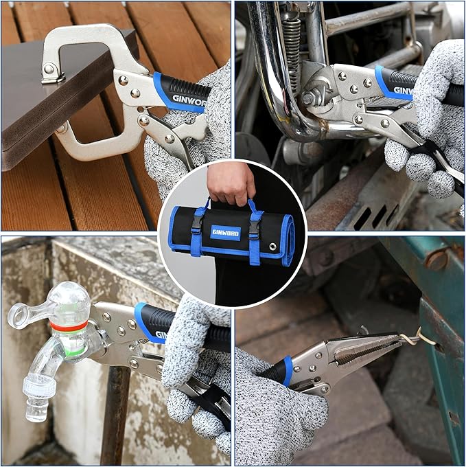 Vice Grips Pliers Set, 6-Piece Locking Pliers Set, 6-1/2"& 9-1/2"Needle Nose Vise Grips, 5"&7"&10" Curved Jaw Vise Grip Tools, 6" C-clamp Locking Plier with Rolling Pouch