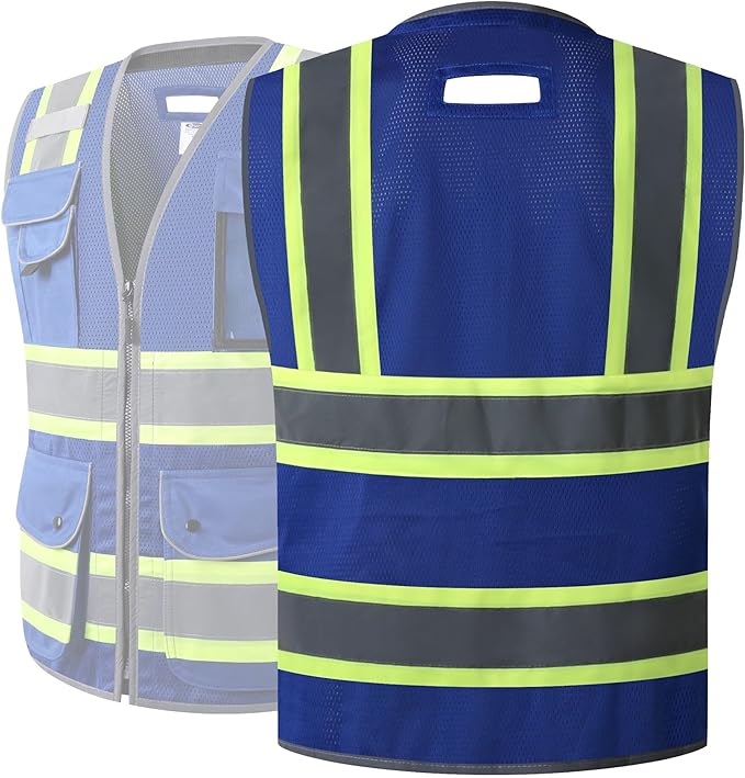 JKSafety 11 Pockets Hi-Vis Blue Mesh Safety Vest for Men Women High Visibility Reflective Construction with Zipper Work Utility PPE Work Gear ANSI/ISEA compliant (102-Blue XXL)