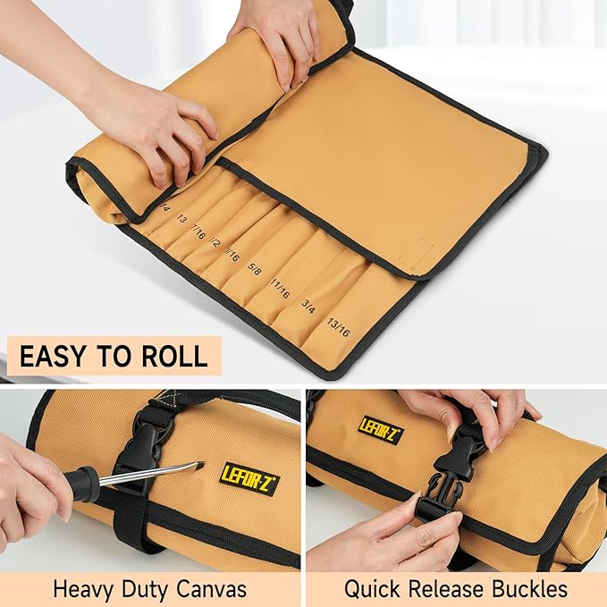 Wrench Roll Organizer (NOT for Ratcheting Wrench),Wrench Roll Up Pouch with 23+1 Pockets,Heavy Duty Tool Roll for Metric & SAE Wrenches,Large Wrench Holder Organizer Bag for Men,Mechanics(Brown)