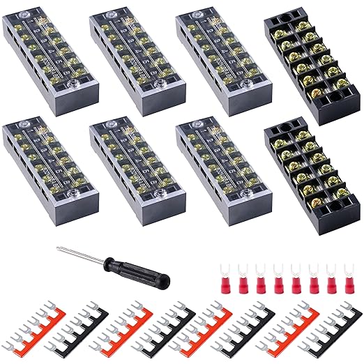 Terminal Block (8 Sets) 8Pcs 6 Positions Dual Row 600V 25A Screw Terminal Strip Blocks with Cover&8Pcs Pre-Insulated Barrier Termina Block Strip& 48Pcs Insulated Fork Wire Connector