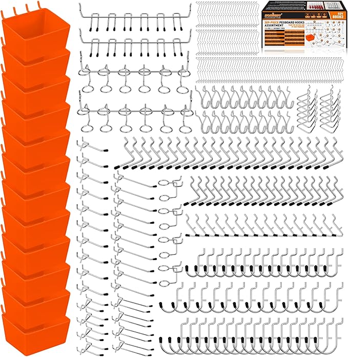 HORUSDY 309 PCS Pegboard Hooks Assortment Kit – 17 Types Heavy Duty Peg Board Hooks & Organizer Accessories – Fits 1/8 & 1/4 Inch Pegboard Durable Metal Wall Hooks for Garage Kitchen Workshop