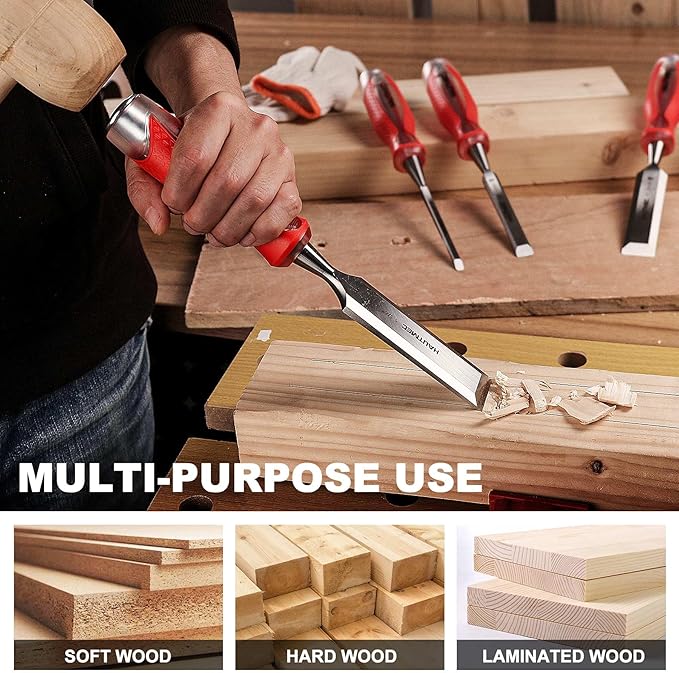 HAUTMEC 1-1/4" Wood Chisel with High-Impact Drop-Forged CRV Steel Blade, Extended Anti-Skid Shock-Absorbing Handle, Professional Grade Beveled Edge Blades & Heavy-Duty Strike Cap – HT0363