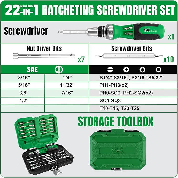 SK 22-in-1 Ratcheting Screwdriver with Nut Drivers, 216-P Multi-bit Screwdriver, Phillips, Slotted, Star, Square Bits Stored in Handle, Organized in Storage Toolbox
