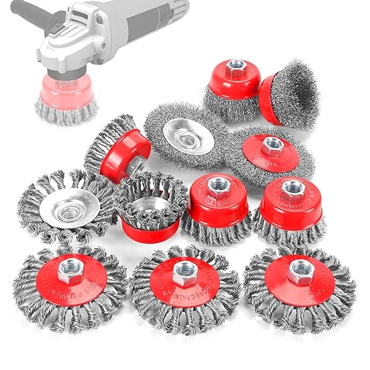 POLIWELL 12 Pack Wire Wheel Brush for Angle Grinder, 6pcs 4” Wheel Brushes, 6pcs 3” Cup Brush Set for 4 1/2 Grinders, 5/8 -11 Threaded Arbor, 0.020In Twisted Knotted Carbon Steel for Removal Rust