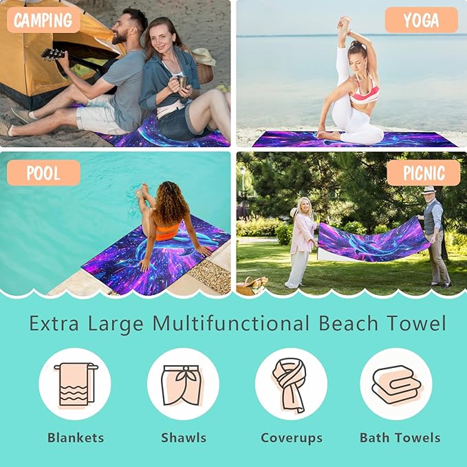 Fantasy Dolphin Beach Towel Oversized 36" x 72", Thin Lightweight Sand Free Quick Dry Microfiber Towel for Swimming Pool Cruise Camping Travel