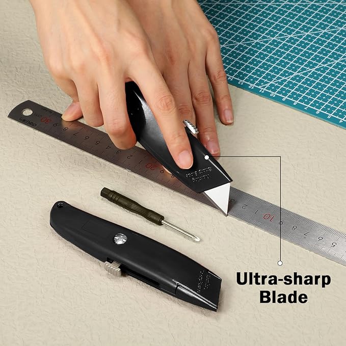 Reginary 30 Pcs Box Cutter Bulk Retractable Blade Utility Knife Heavy Duty Aluminum Alloy Razor Shell Knife for Cartons, Cardboard and Boxes, DIY, Factory, Home(Black)
