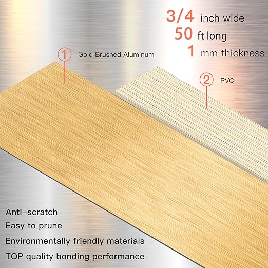 GSCIT Club Gold Edge Banding, 3/4 Inch x 50ft Aluminum Brushed Edge Banding PVC Edge Trim for Cabinet Repair Furniture