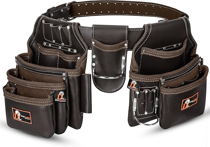 Daisy Leather Tool Belt Pro-202, 31 Pockets, Top Grain Leather, 2.5-inch Padded Belt, Fits 32-52 inch Waist, X-Large (Chocolate, X-Large)
