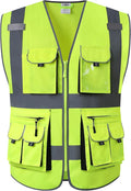 JKSafety 10 Pocket Class 2 High Visibility Zipper Front Yellow Safety Vest with High Reflective Strips - Meets ANSI/ISEA Standards (Large)