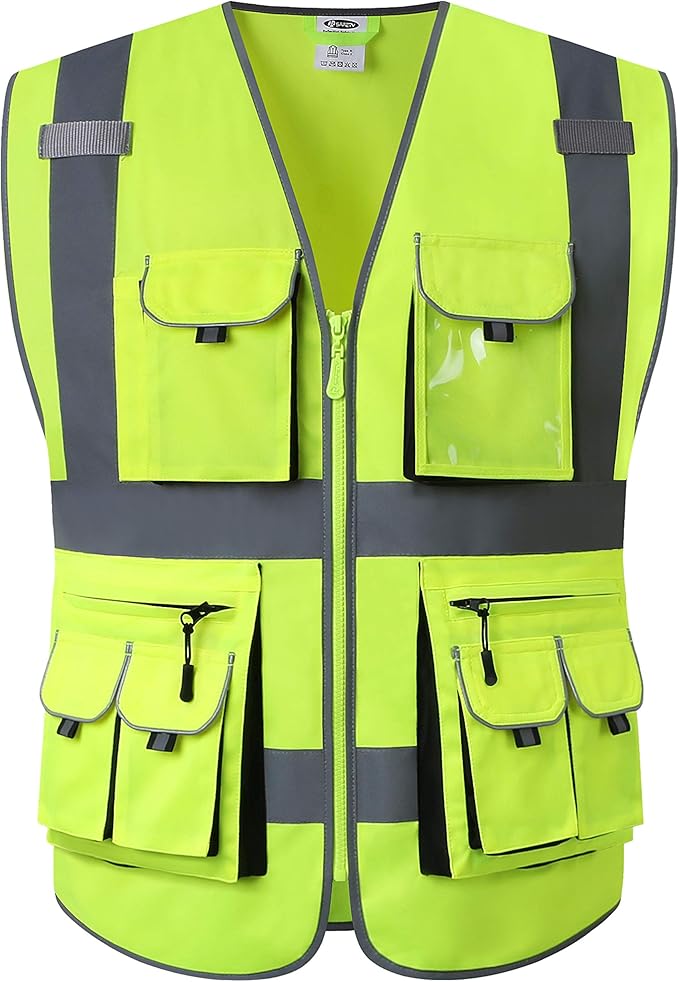 JKSafety 10 Pockets Class 2 High Visibility Zipper Front Safety Vest Yellow with High Reflective Strips Meets ANSI/ISEA Standards (88-Yellow, XX-Large)