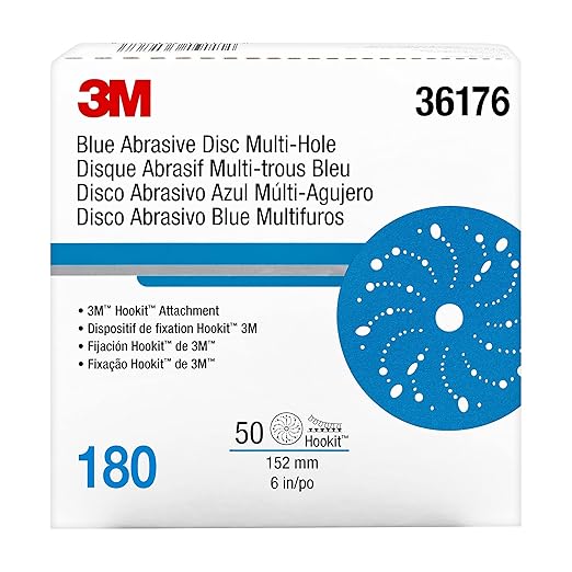 3M Hookit Blue Abrasive Disc 321U Multi-Hole, 36176, 6 in, 180, 50 Discs