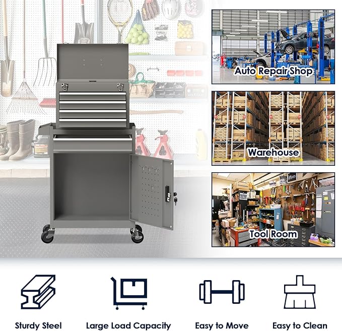 5-Drawer Tool Box with Wheels, Rolling Tool Storage Cabinet with Detachable Top Tool Chest and Locking Mechanism, Metal Tool Cart for Garage Workshop and Room Use (Gray)