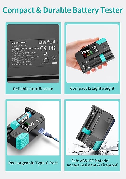 Universal Battery Tester, Dlypow Small Digital Battery Checker with LCD Display for Household Batteries AA AAA C D 9V 18650 CR123A LR44 CR2032 CR2 CRV3 1.5V/3V Button Cell Batteries, Cable Included