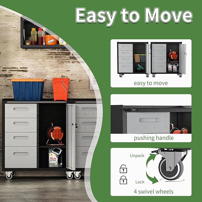 Metal Mobile Tool Storage Cabinet with Wheels,Heavy Duty Rolling Tool Cabinets for Garage,Metal Storage Cabinets with 4 Drawer and 1 Locking Doors,Assembly Required