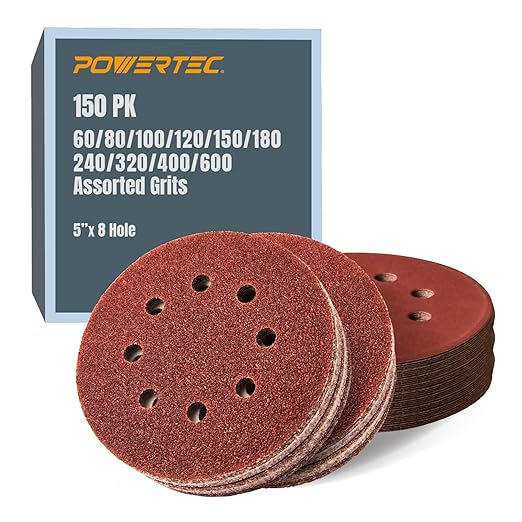 POWERTEC 150PK, 60/80/100/120/150/180/240/320/400/600 Grits, 5 Inch 8 Hole Hook and Loop Sanding Discs, Aluminum Oxide Woodworking Sanding Pads for Random Orbital, Palm, Air & Pneumatic Sander (45054)