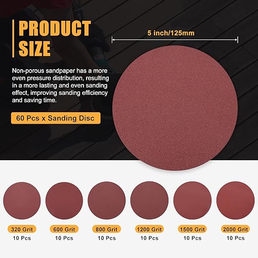 60 Pcs 5 Inch Sanding Disc 320/600/800/1200/1500/2000 Grit Round Hook and Loop Sandpaper for Random Orbital Sander Automotive Car