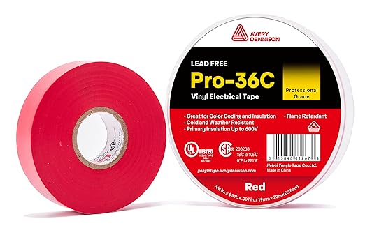 Avery Dennison Electrical Tape, 10 Rolls Professional Grade PVC Electric Tape, UL/CSA Listed ¾ in x 66 ft Insulating Vinyl Tape for Electrical, Repairs, Automotive and Equipment, Pro-36C, Red