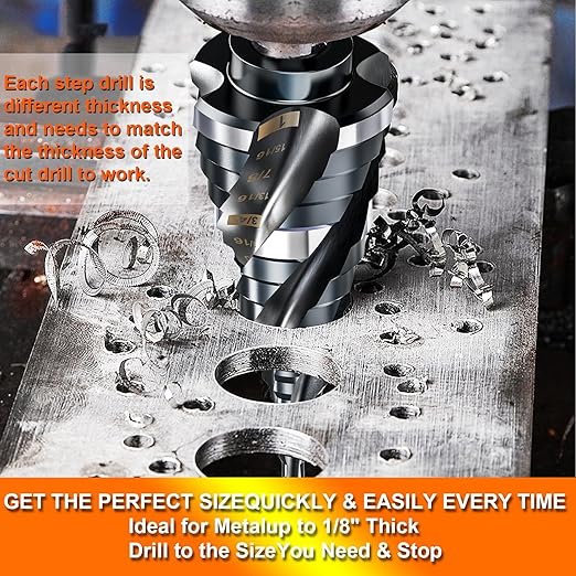 Four Spiral Flute Step Drill Bit for Metal,M35 Cobalt Unibit Step Drill Bit Set 3/16"-1/2"(6 Sizes),Wear-Resistant AlTiN Coated,1/4" Hex Shank for Metal, Stainless Steel, Aluminum, Plastic