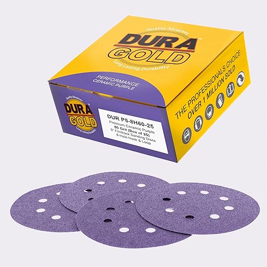 Dura-Gold Premium 60 Grit 5" Purple Film Ceramic Sanding Discs, 8-Hole Pattern, Box of 25 - Dustless Hook & Loop Backing Sandpaper for DA & Random Orbital Sanders - Sand Auto Paint, Wood, Woodworking