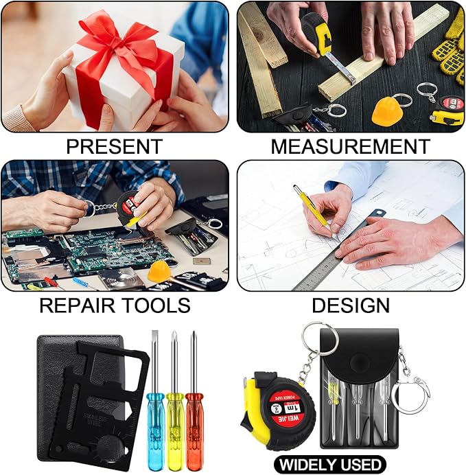 72 Pcs Mini Tape Screwdriver Keychain Set Christmas Men Gifts Bulk Adult Party Favors Multitool Pen Card Tool Measuring Keychains Stocking Christmas Stuffers for Men Dad (Yellow,Black)